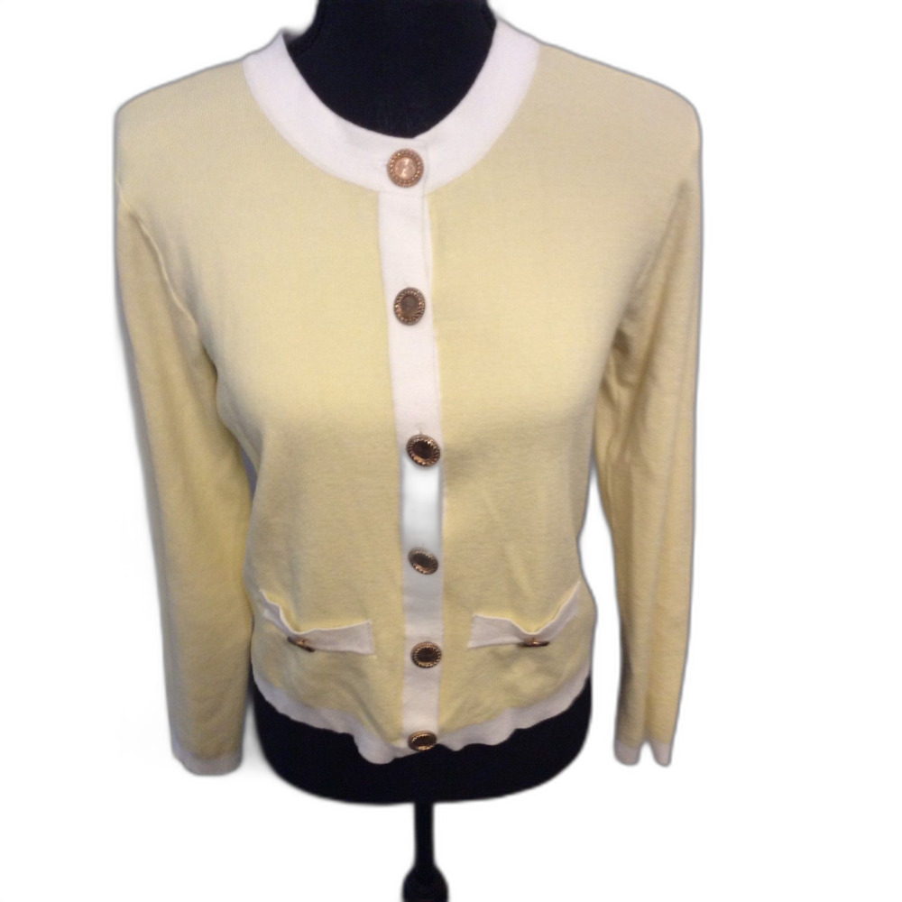 Yellow and White W/ Large gold Buttons Cardigan Medium M Sweater